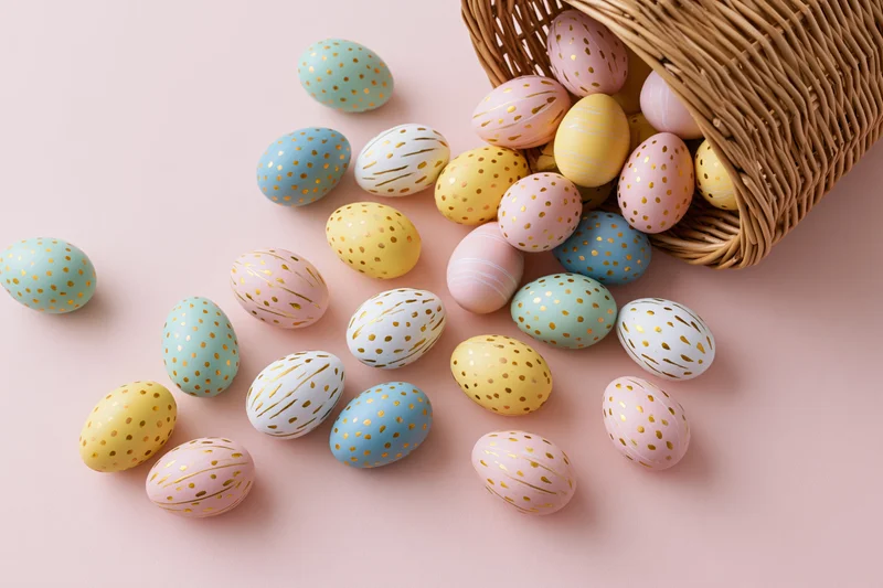 Decorated easter eggs spilling from a tipped wicker basket onto a pastel pink surface