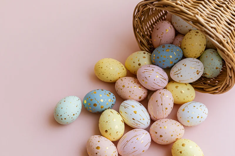 Decorated easter eggs spilling from a tipped wicker basket onto a pink surface