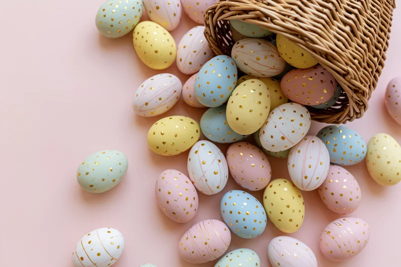 Decorated easter eggs spilling from a tipped wicker basket onto a pink surface