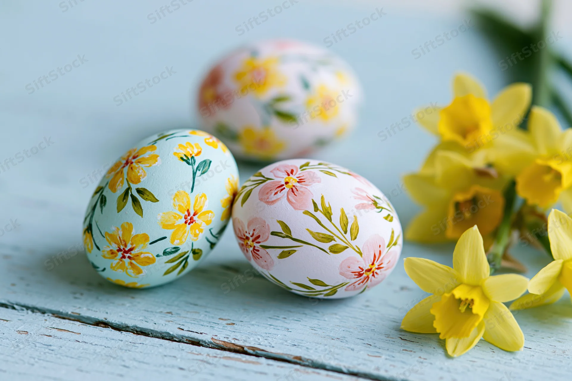 Decorated easter eggs with hand-painted floral patterns arranged on a rustic blue wooden table beside yellow daffodils