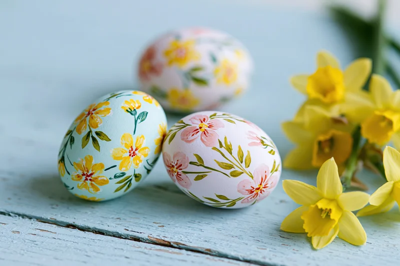 Decorated easter eggs with hand-painted floral patterns arranged on a rustic blue wooden table beside yellow daffodils