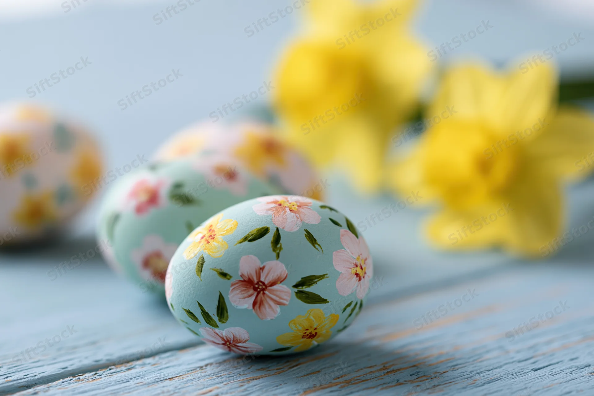 Hand-painted floral easter eggs arranged on a blue wooden surface with blurred yellow flowers in the background