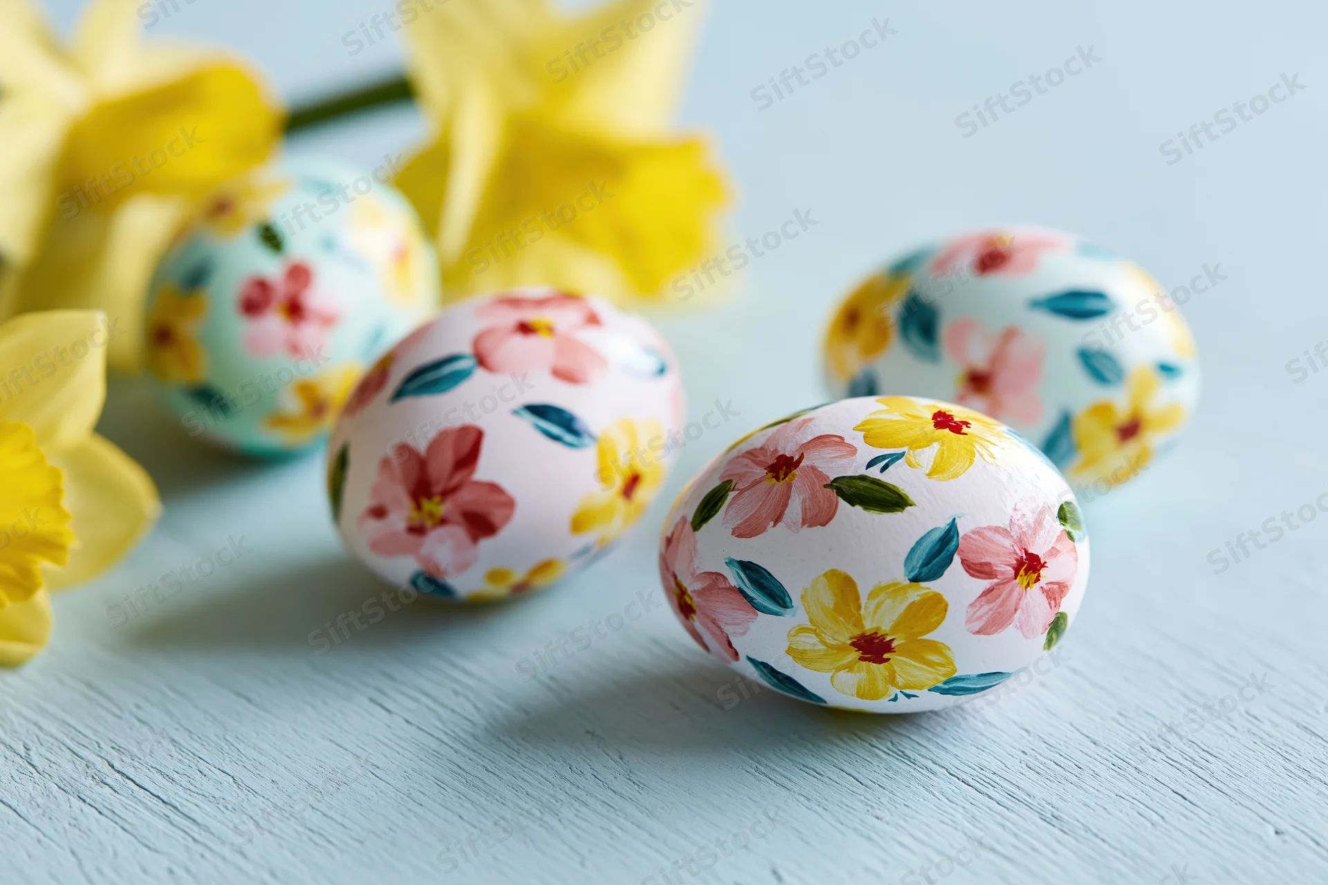 Decorated easter eggs with hand-painted floral patterns arranged on a light wooden surface with daffodils in the background