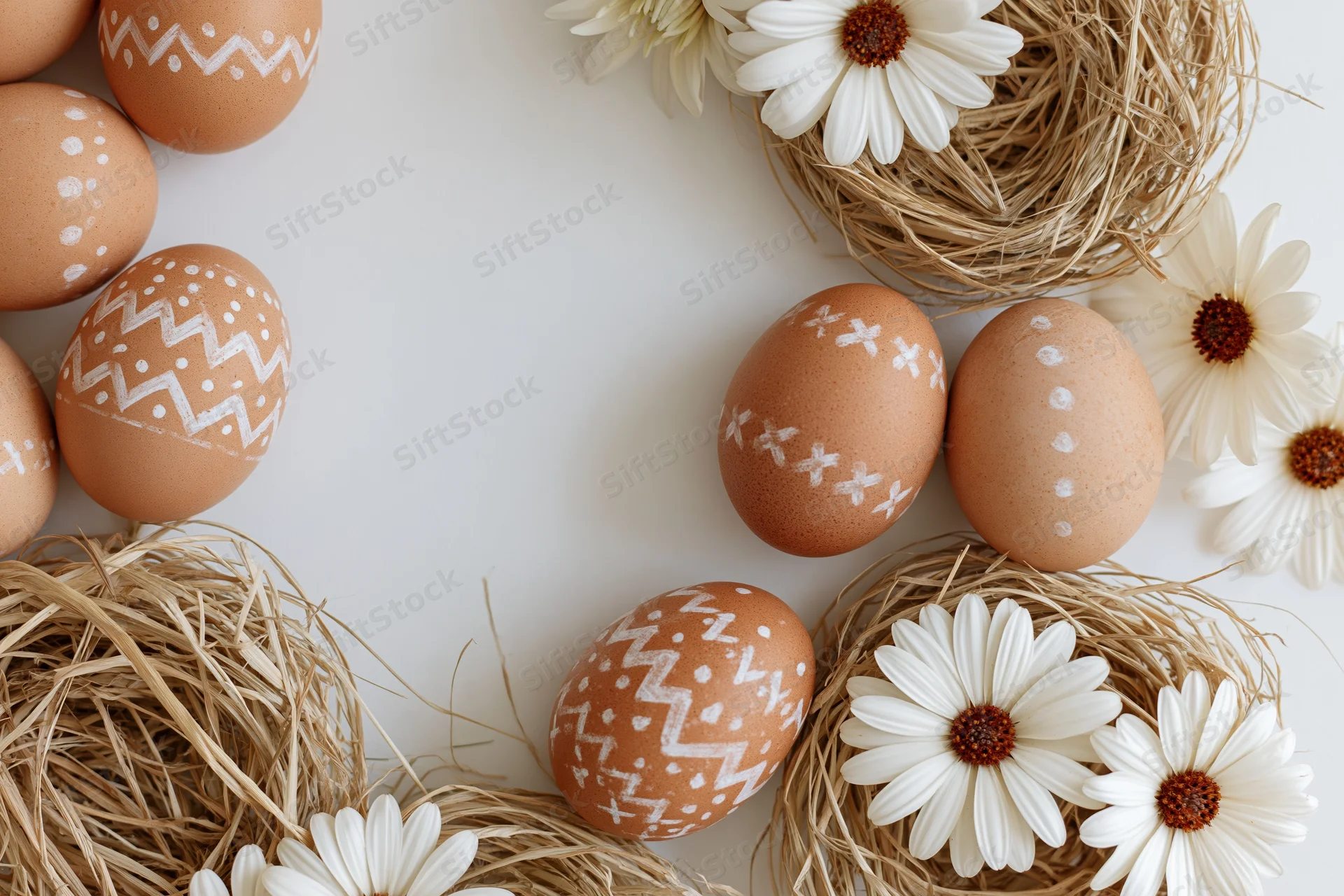 Decorated easter eggs with white handdrawn patterns arranged in straw nests with daisies on white surface