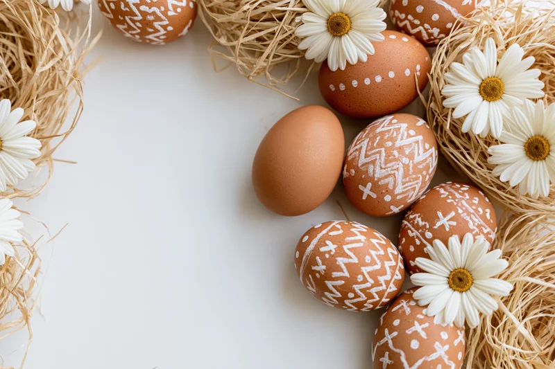 Decorated easter eggs with white handdrawn patterns arranged with daisies and straw nests on white surface