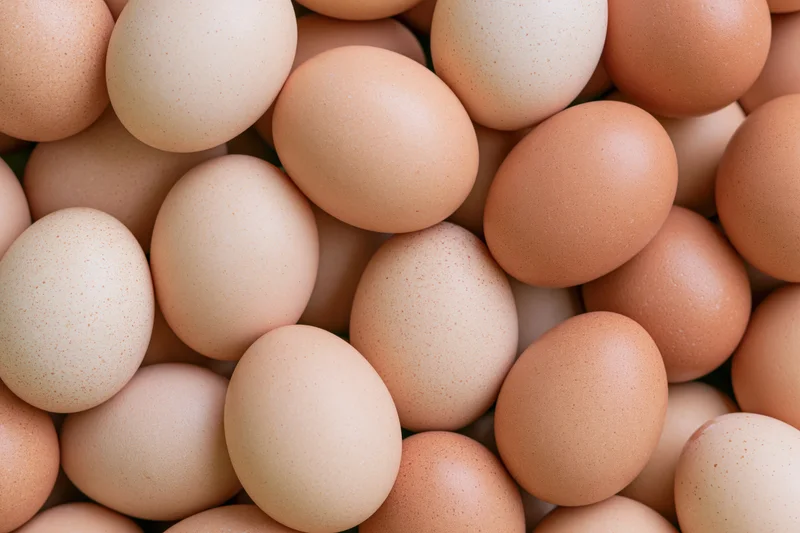 Brown chicken eggs piled loosely together filling the frame