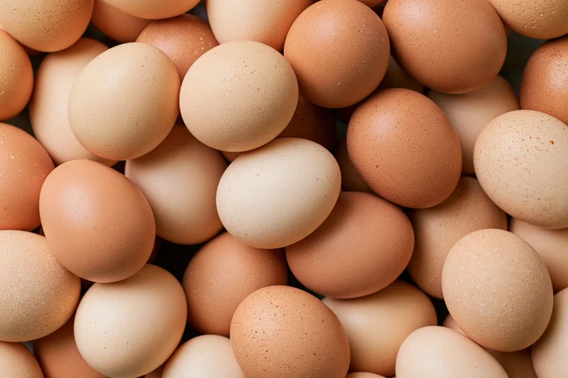 Brown chicken eggs piled loosely together filling the frame