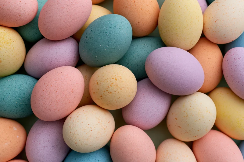 Dyed easter eggs arranged in a flat pile filling the frame