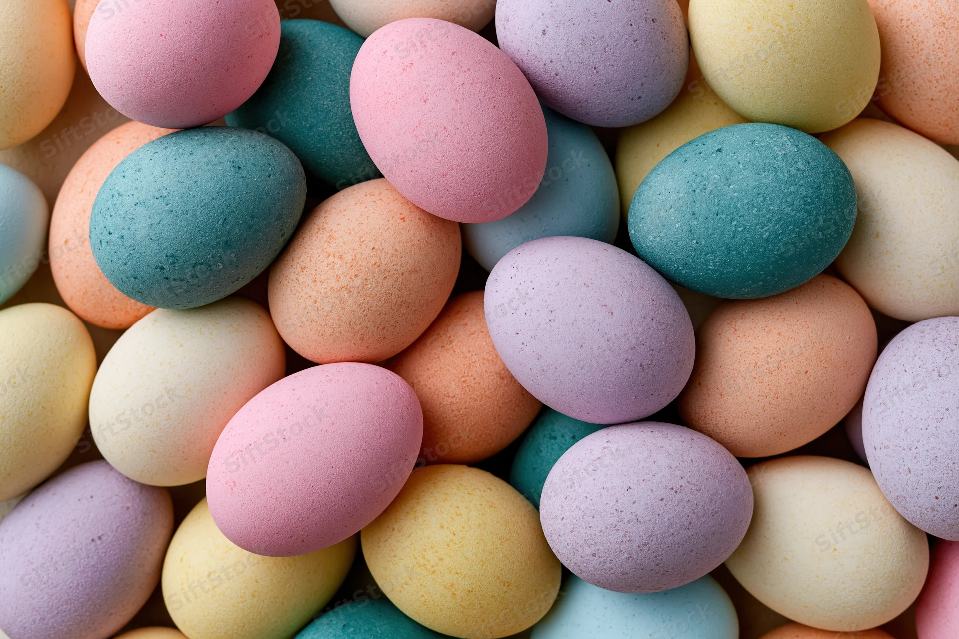Dyed easter eggs arranged in a flat pile filling the frame