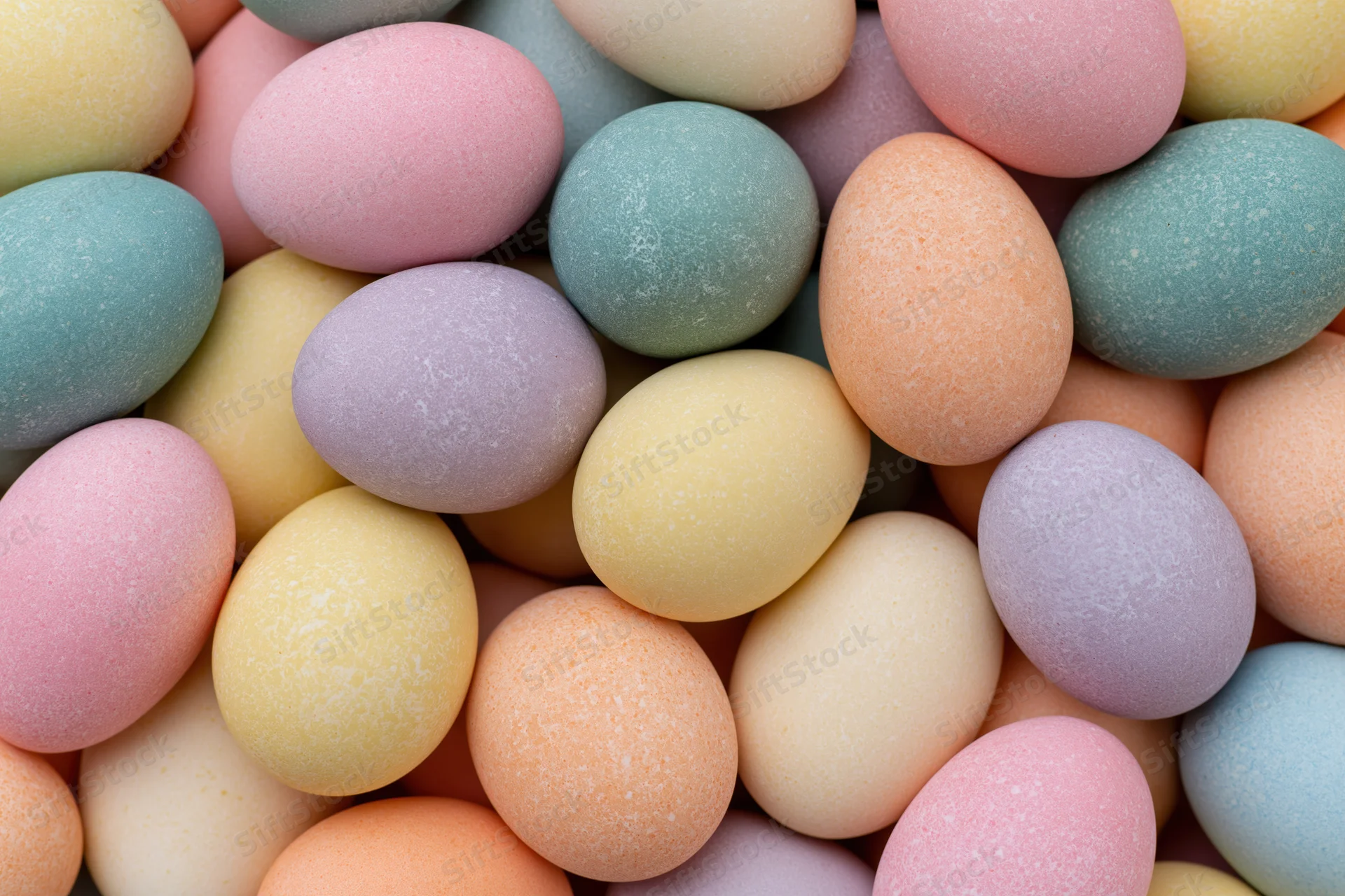 Dyed easter eggs arranged in a flat pile filling the frame