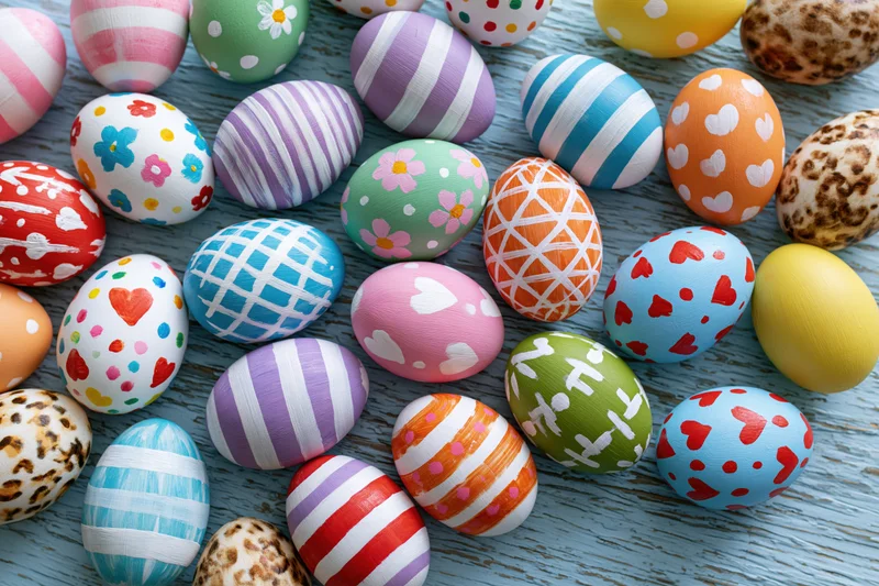 Hand-painted easter eggs arranged in loose flat lay on wooden surface