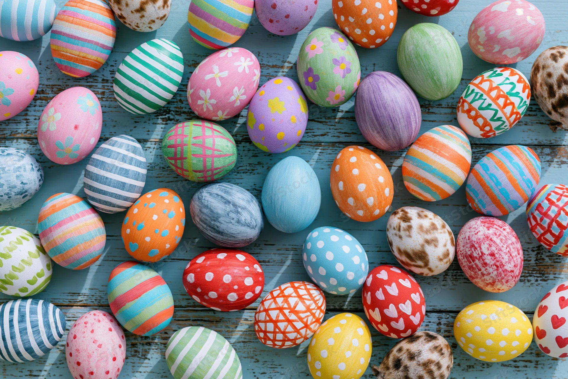 Hand-painted easter eggs arranged in loose flat lay on weathered blue wooden surface