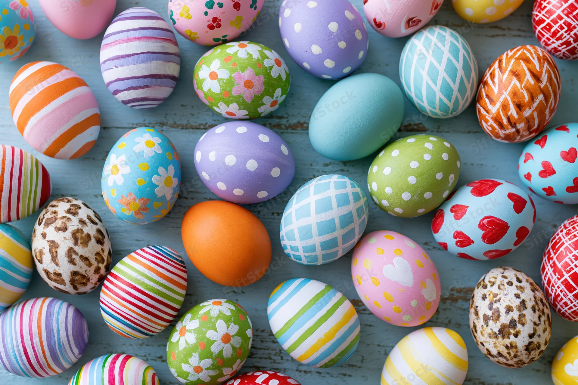 Hand-painted easter eggs arranged in a loose flat lay on a wooden surface