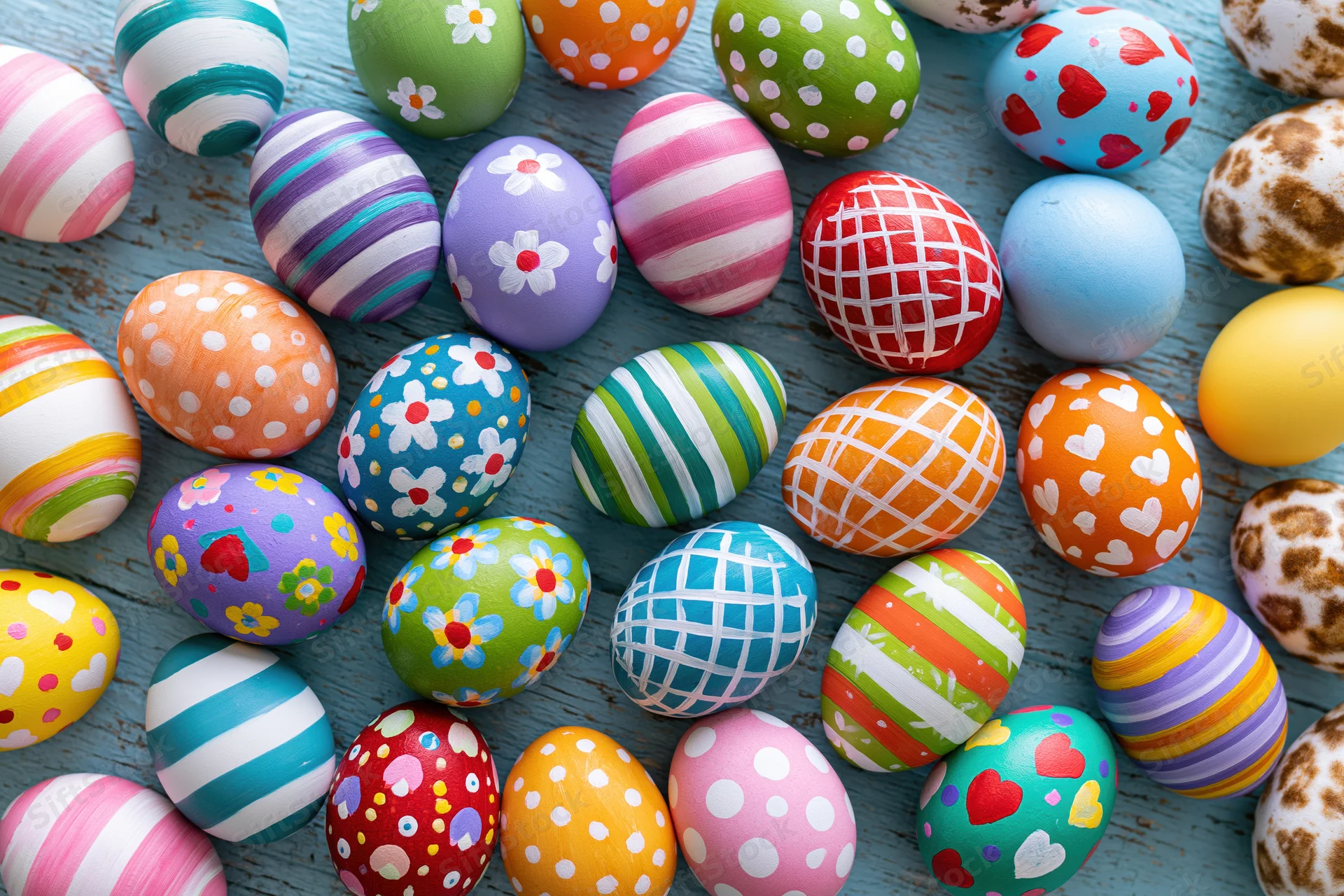 Hand-painted easter eggs arranged in loose flat lay on blue wooden surface