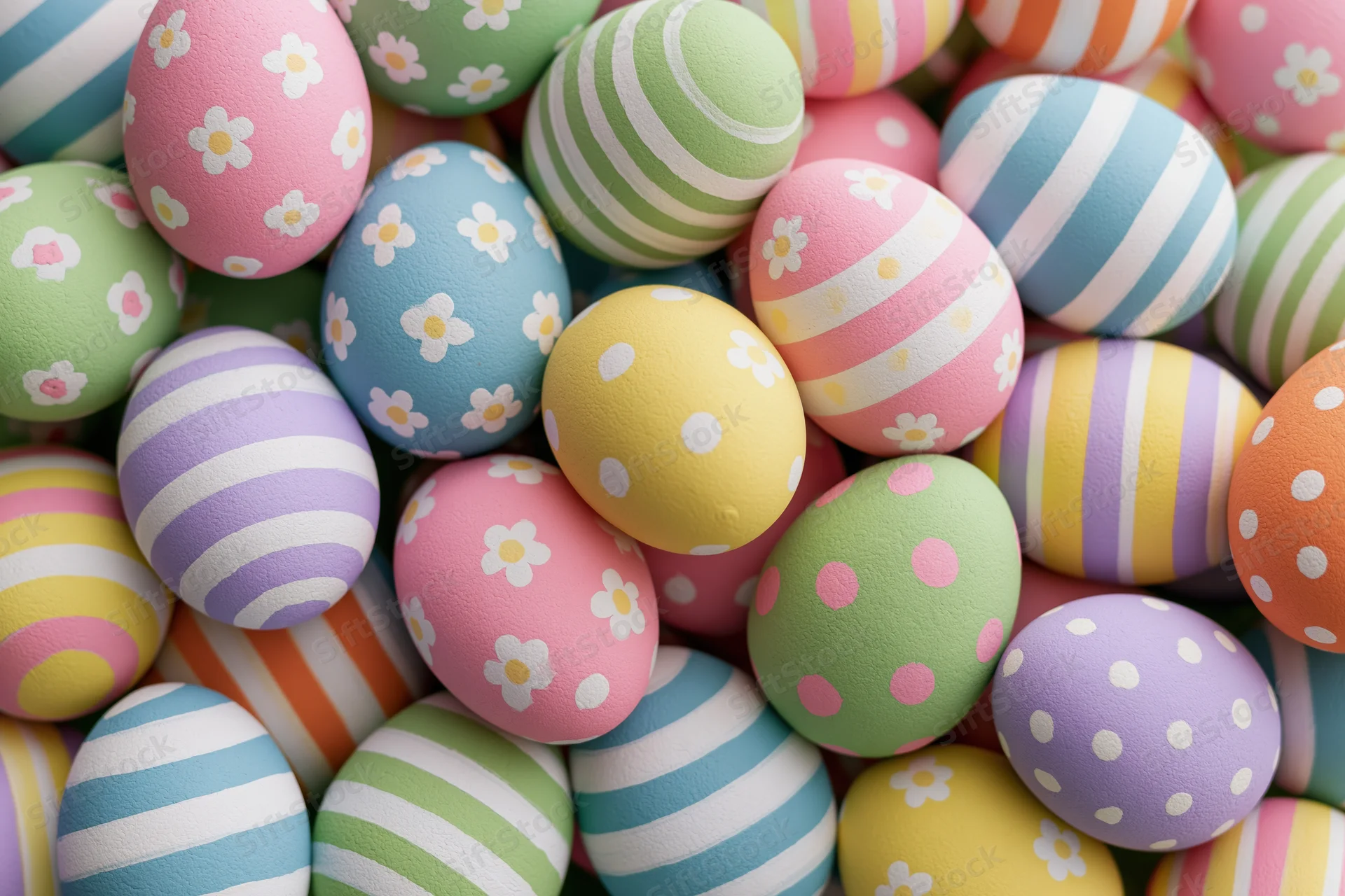 Hand-painted easter eggs piled together in a close-up view