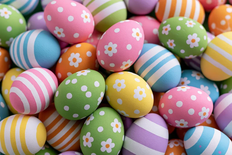 Dozens of hand-painted easter eggs piled together filling the frame with colorful patterns and pastel hues