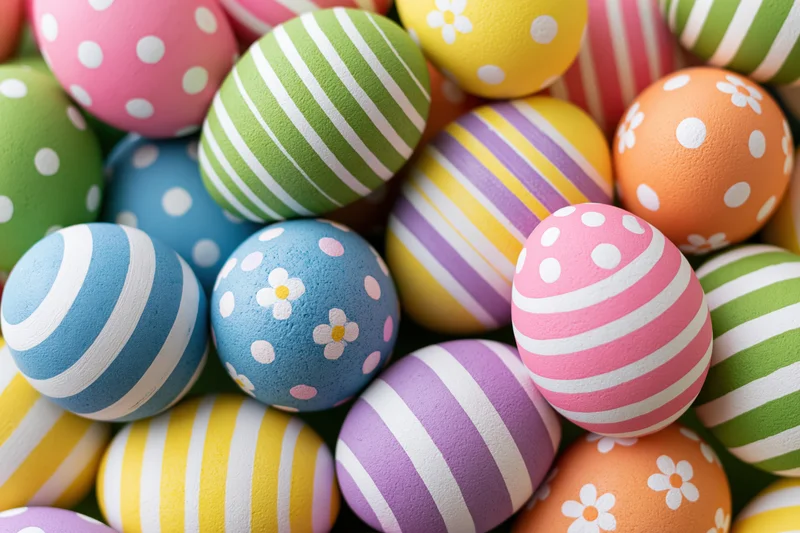 Hand-painted easter eggs with stripes, polka dots, and flowers piled together in a colorful arrangement