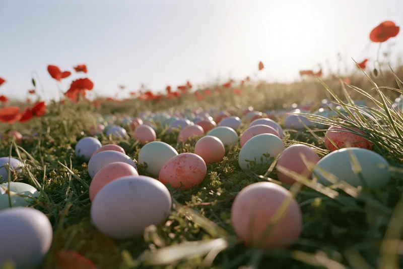 Pastel-colored easter eggs scattered across a sunlit grassy field with red poppies in the background