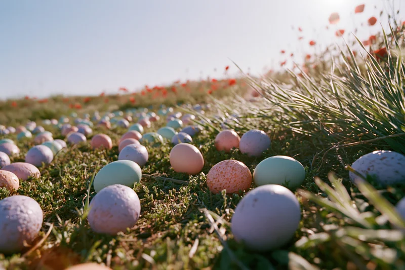 Pastel-colored easter eggs scattered across a sunlit grassy field with wildflowers