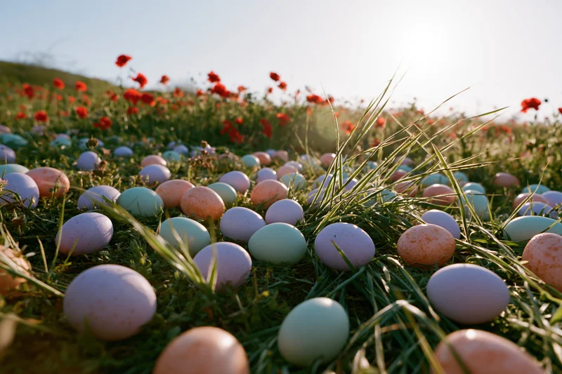 Pastel-colored easter eggs scattered across a sunlit grassy field with red poppies in the background