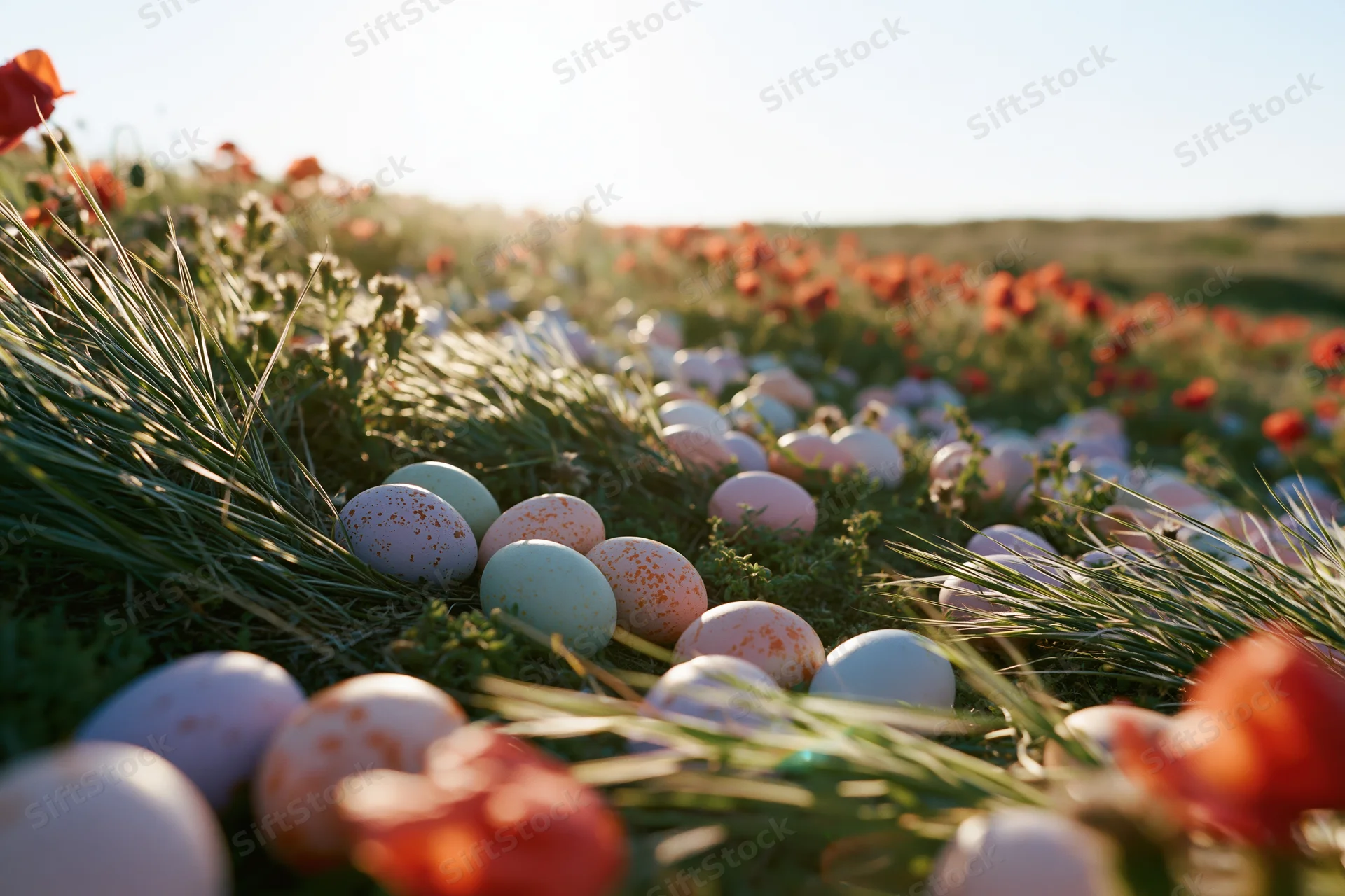 Pastel-colored easter eggs scattered across a sunlit grassy field with red poppies in spring