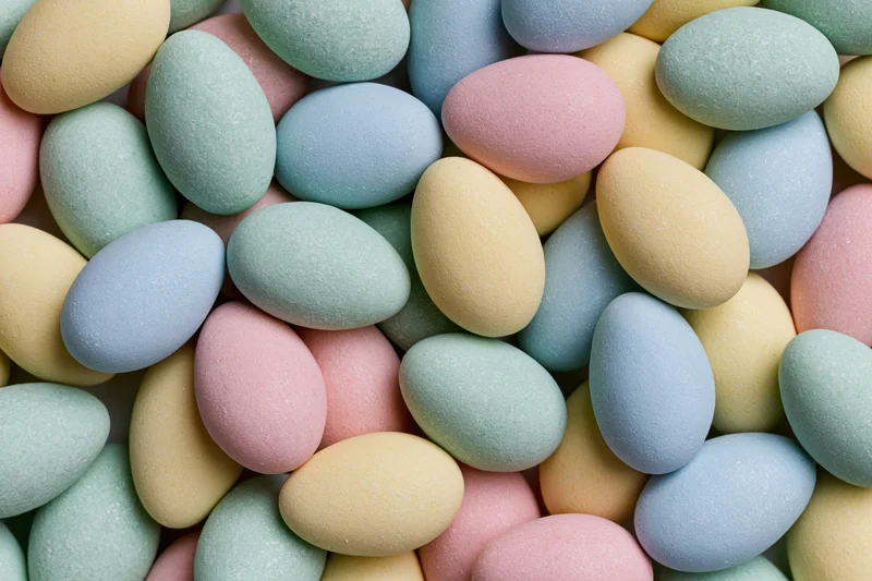 Small pastel candy-coated chocolate eggs piled closely together filling the frame