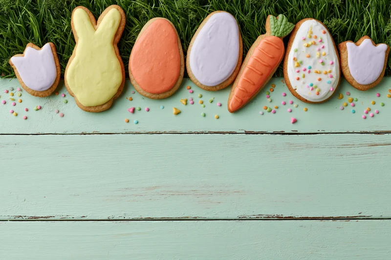 Easter-themed sugar cookies shaped as bunnies, eggs, carrots and tulips arranged in a row on a mint wooden surface with grass and sprinkles