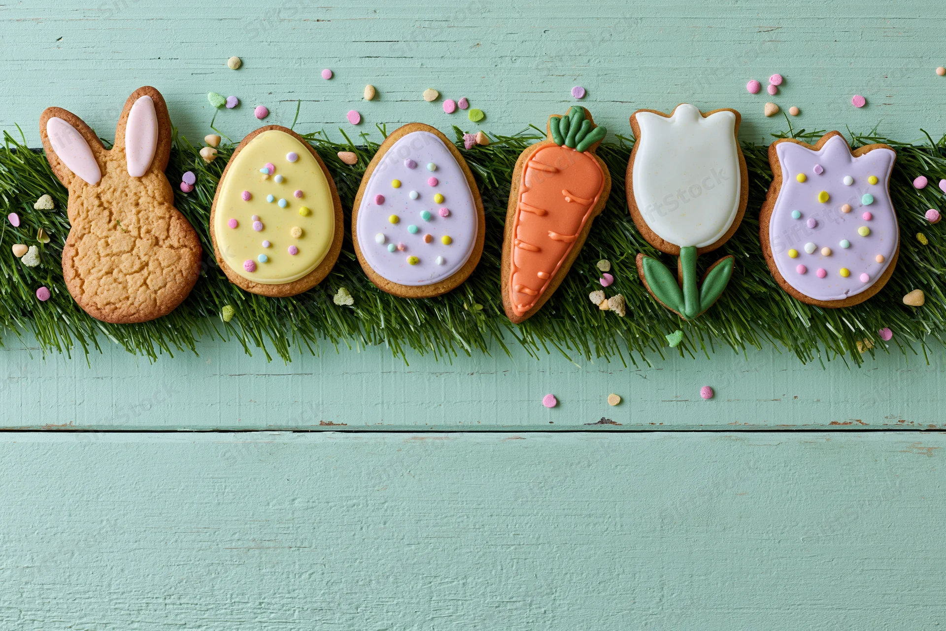 Easter-themed decorated sugar cookies arranged in a row along green grass on mint wooden surface