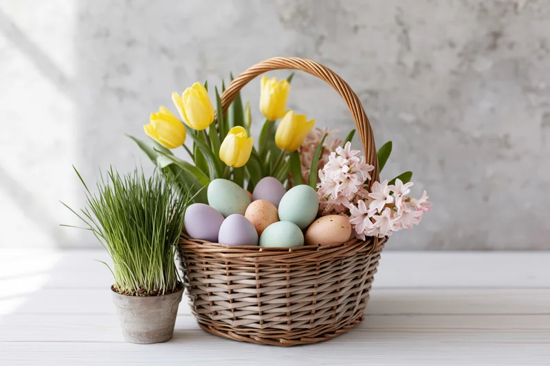 Easter basket with pastel eggs, yellow tulips, pink hyacinth, and green grass on a white wooden table