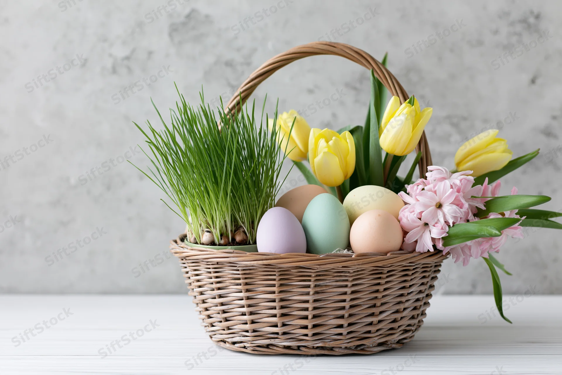 Easter basket with pastel eggs, yellow tulips, pink flowers and green grass on a white table