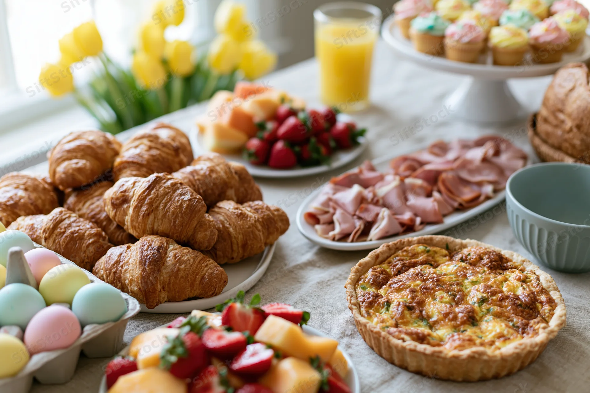 Easter brunch spread with croissants, quiche, fruit, ham and pastries on a linen-covered table