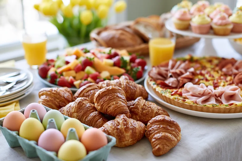 Easter brunch spread with croissants, decorated eggs, fruit salad, quiche and pastries on a linen-covered table
