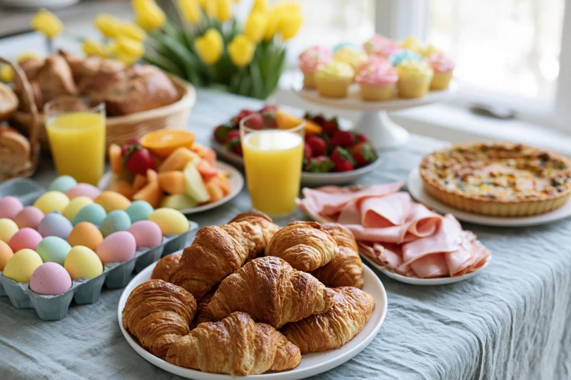 Easter brunch spread with croissants, pastel eggs, fruit, ham, and quiche on a linen-covered table