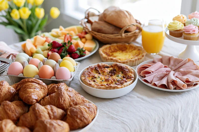Easter brunch spread with croissants, quiche, ham, fruit, and decorated eggs on a linen-covered table