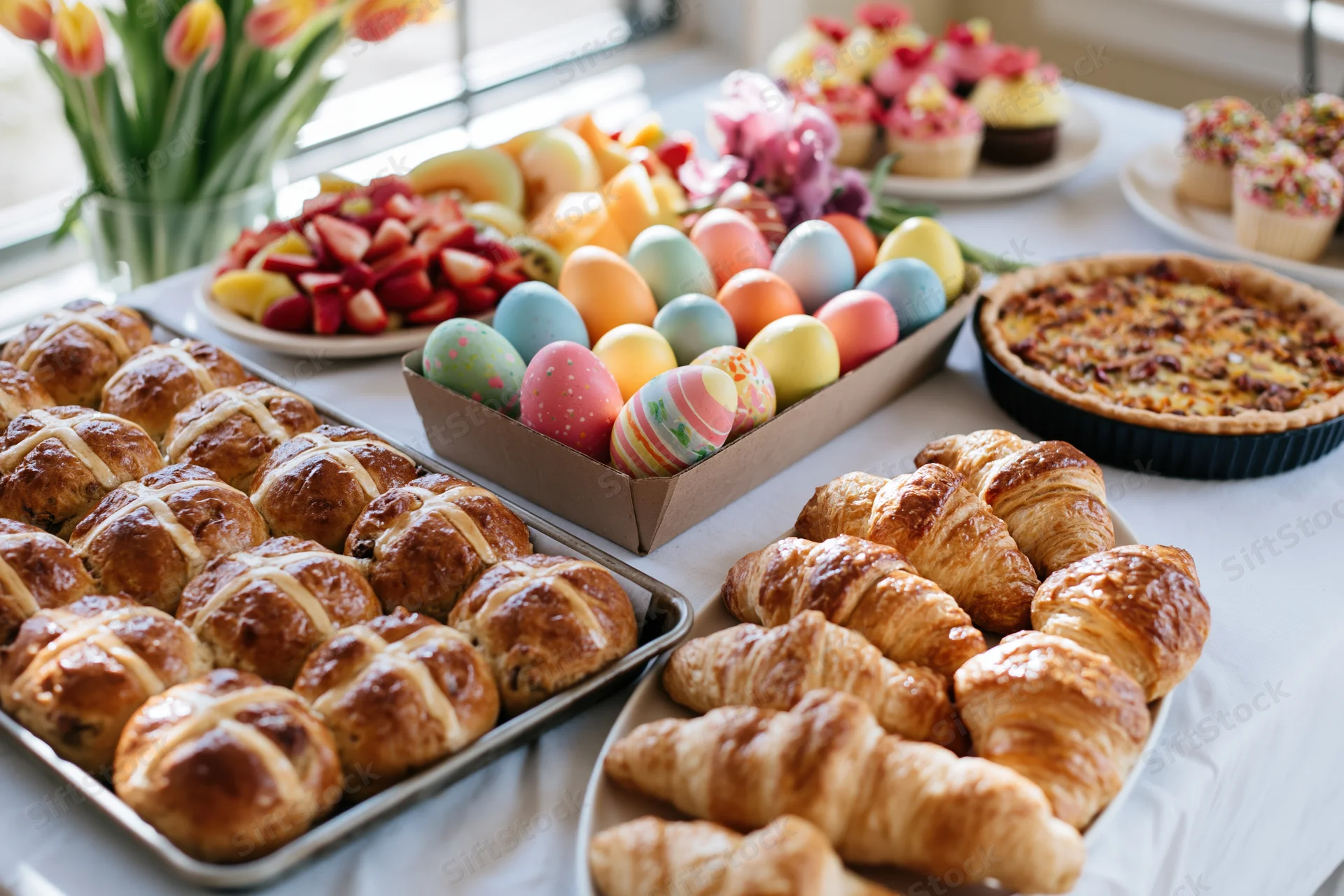 Easter brunch spread with pastries, decorated eggs, fruit and desserts on a white tablecloth
