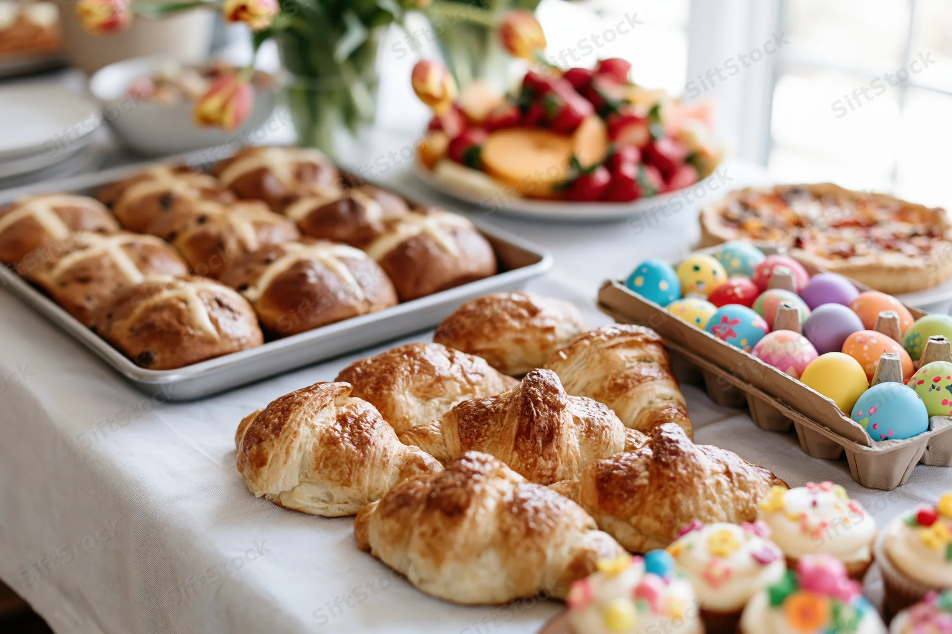 Easter brunch spread with pastries, decorated eggs, fruit and flowers on a white tablecloth