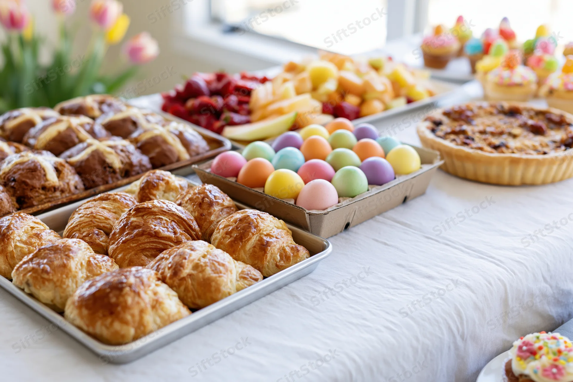 Easter brunch spread with pastries, dyed eggs, fruit and desserts arranged on a white tablecloth near a window