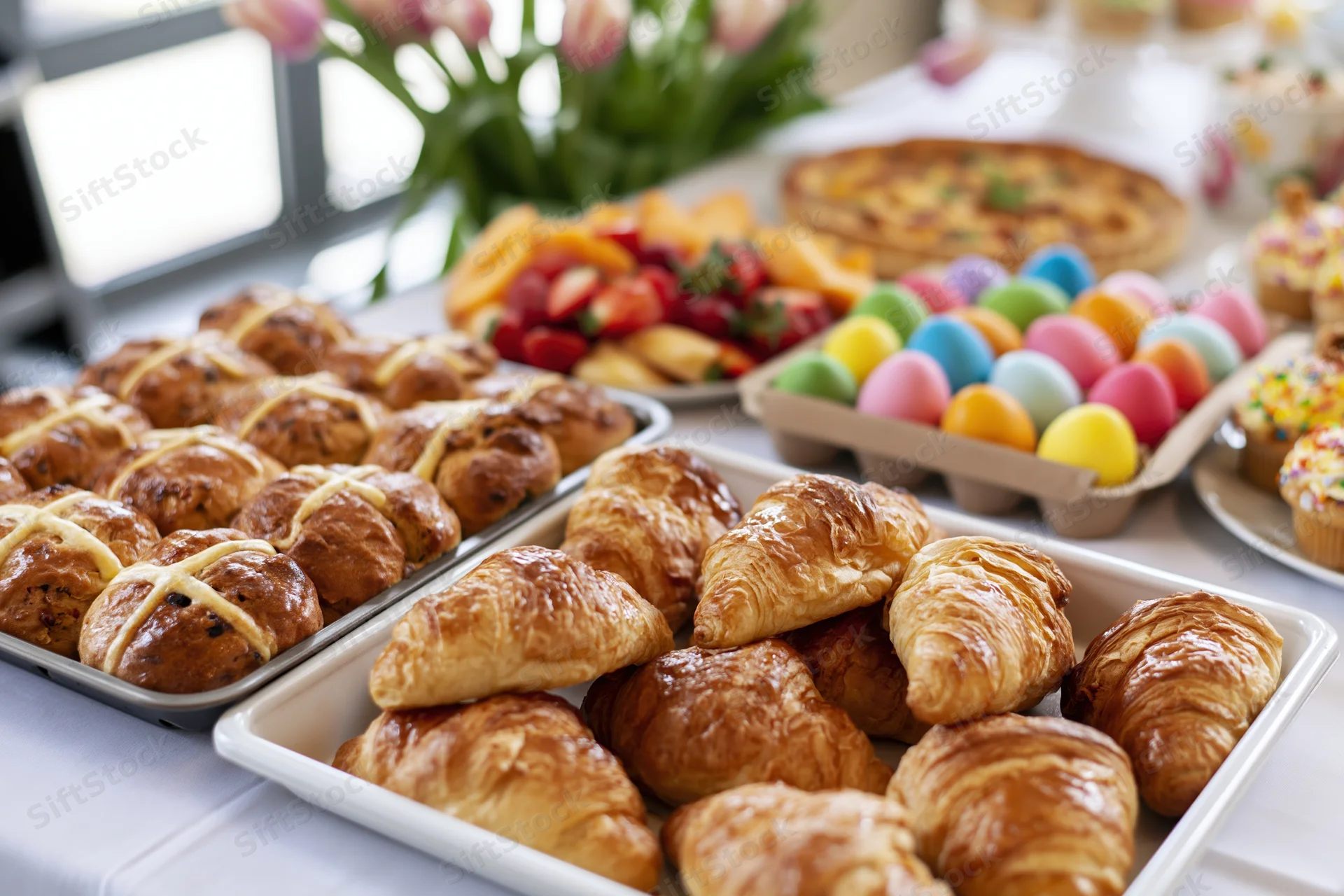 Easter brunch spread with croissants, hot cross buns, dyed eggs and fruit on a white tablecloth