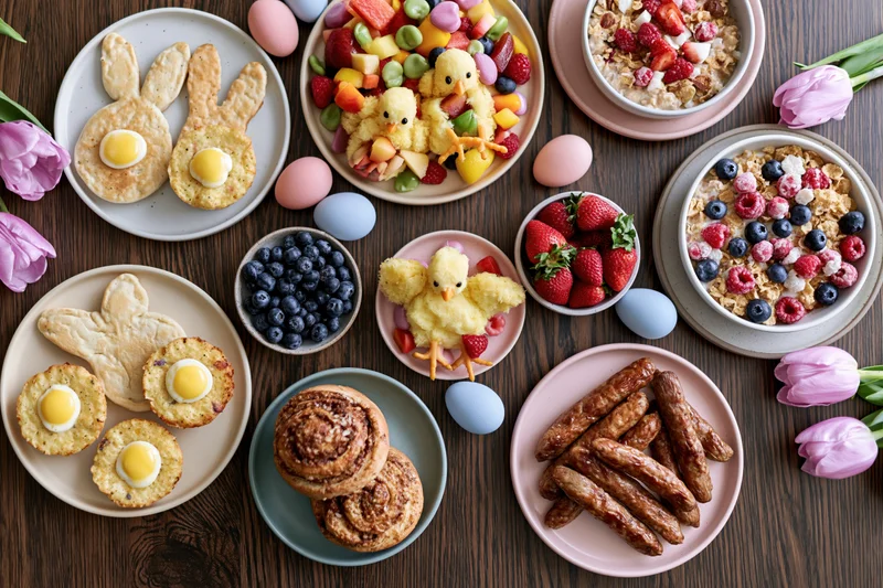 Easter brunch spread arranged on dark wood table with pastel eggs and tulips