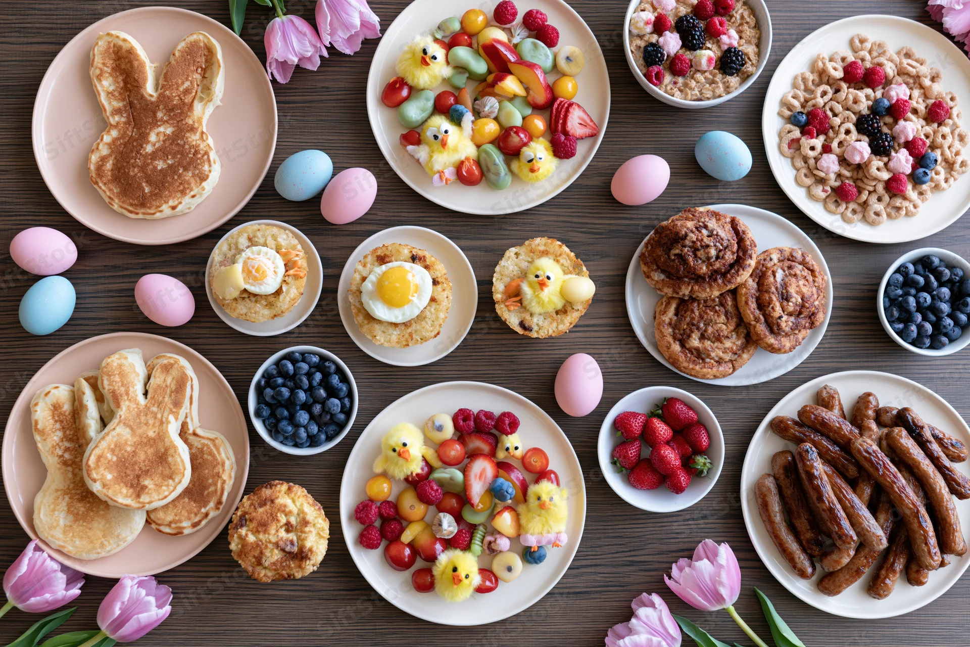 Easter brunch spread with bunny pancakes, pastel eggs, fruit, cereal, cookies, and sausages on dark wood table
