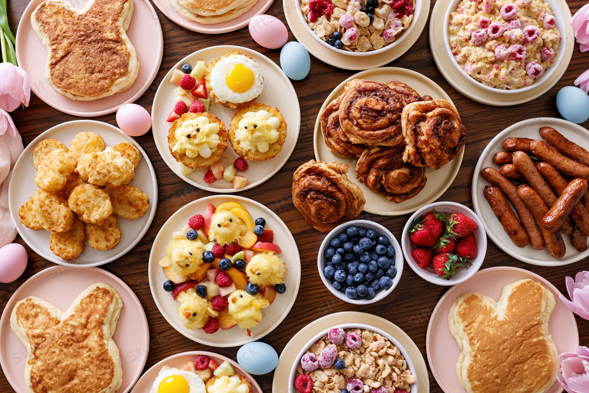 Easter brunch spread arranged on dark wood table with bunny pancakes, cinnamon rolls, sausages, eggs, fruit, and pastries