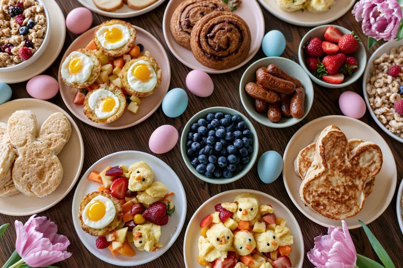 Easter brunch spread laid out on a dark wood table shot from top