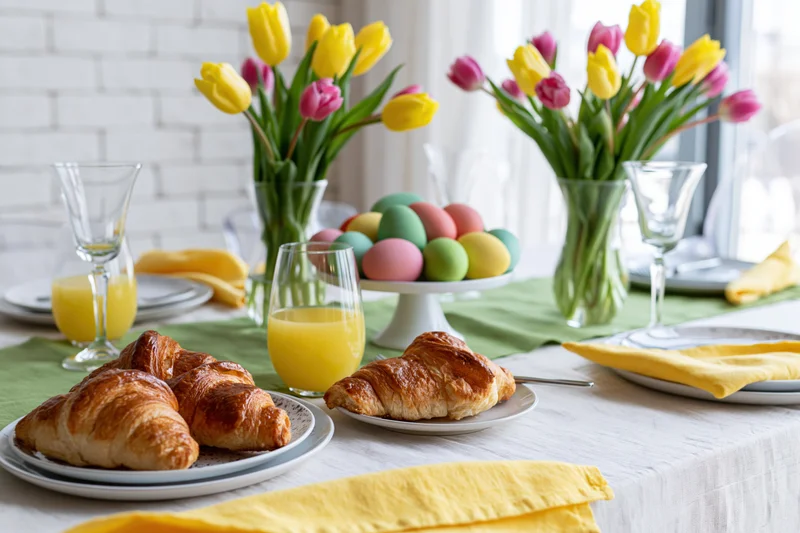 Easter brunch table set with tulips and croissants on a dining table