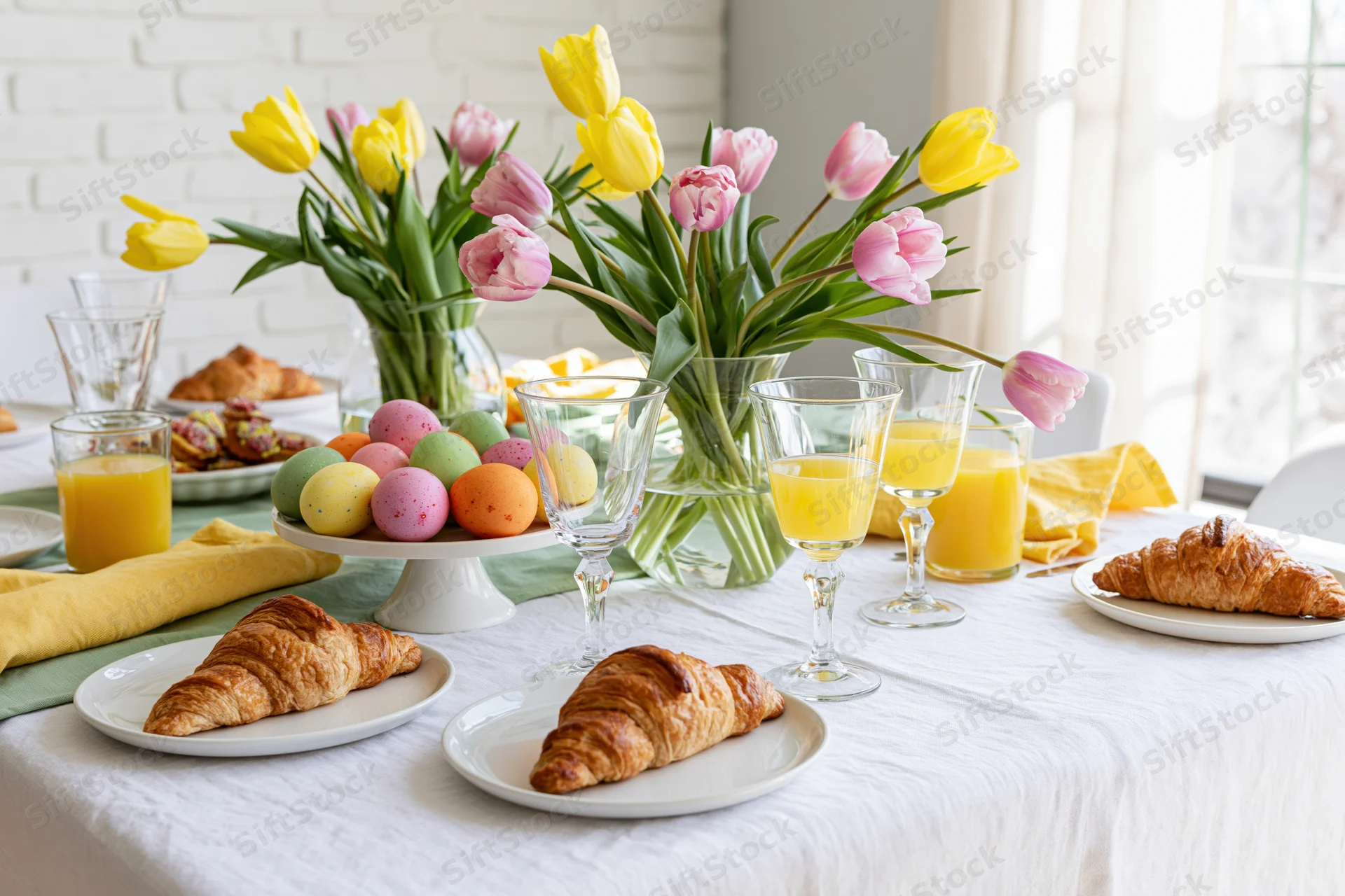 Easter brunch table set with tulips and croissants on a white cloth