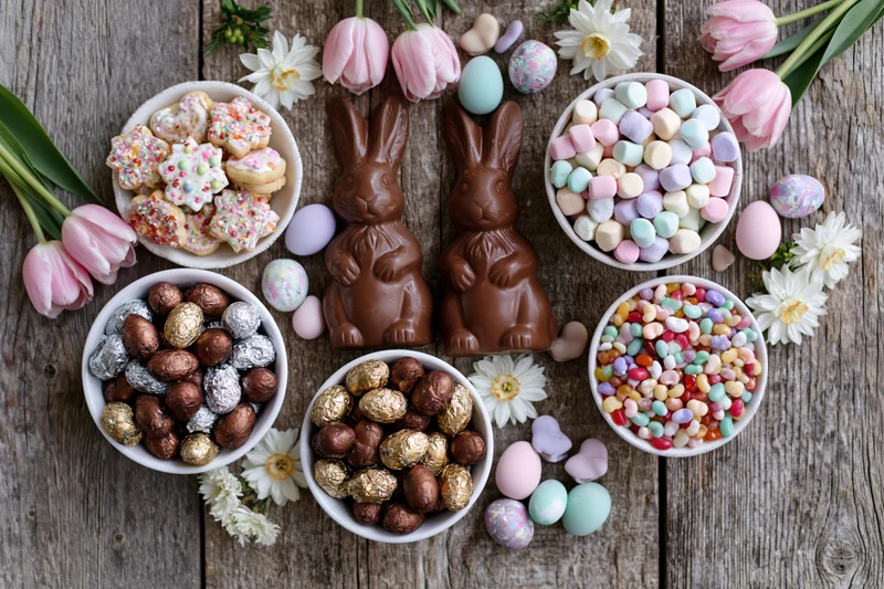 Easter candy spread arranged on a weathered wooden table with chocolate bunnies, foil-wrapped eggs, marshmallows, cookies, and flowers