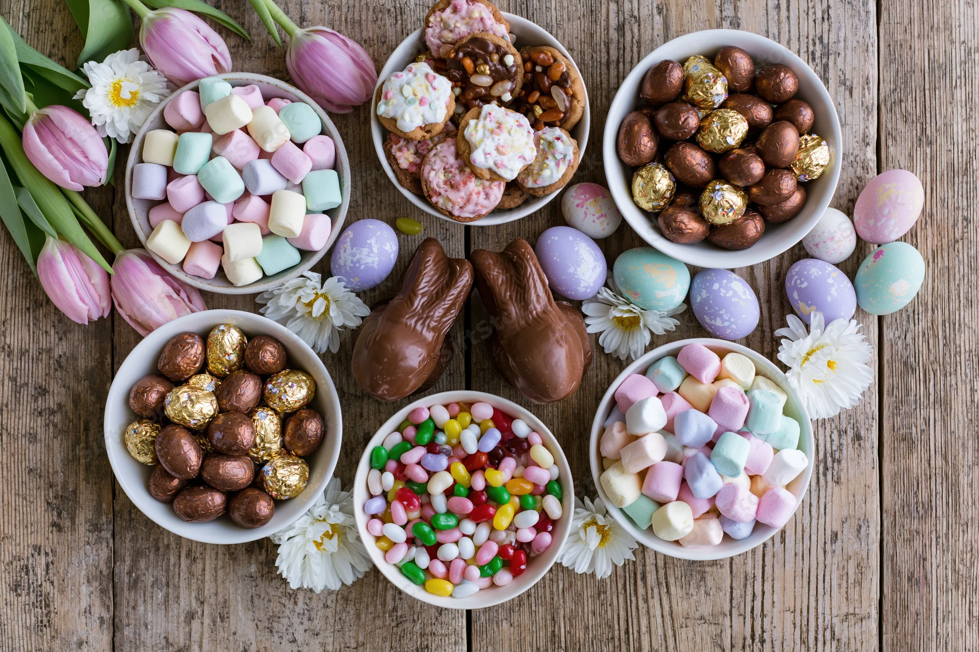 Easter candy spread arranged on a weathered wooden table with flowers and chocolate bunnies