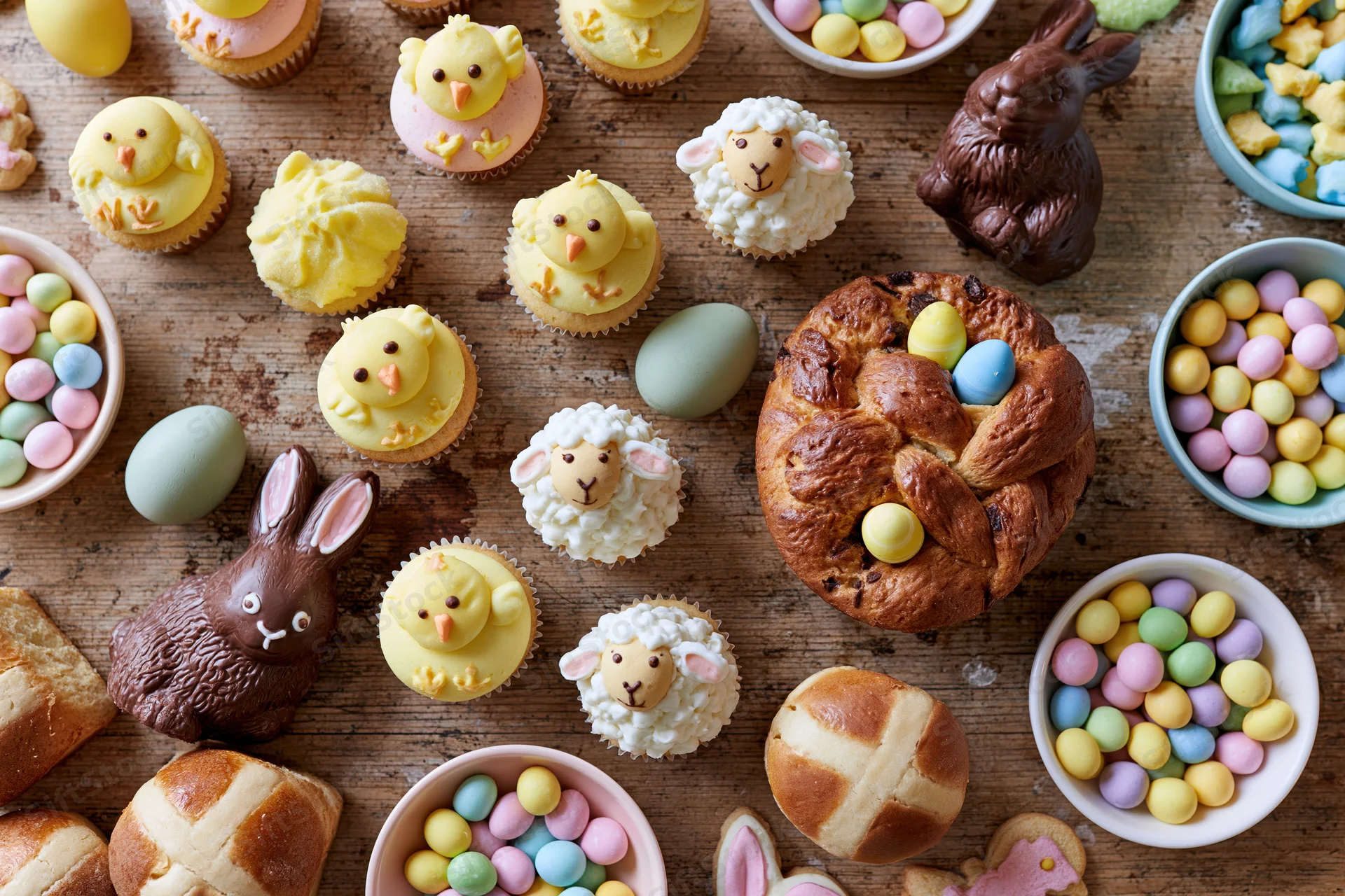 Easter dessert table spread shot from directly overhead filled with cupcakes, chocolate bunnies, chicks, sheep, hot cross buns, and candy-coated eggs on a wooden surface