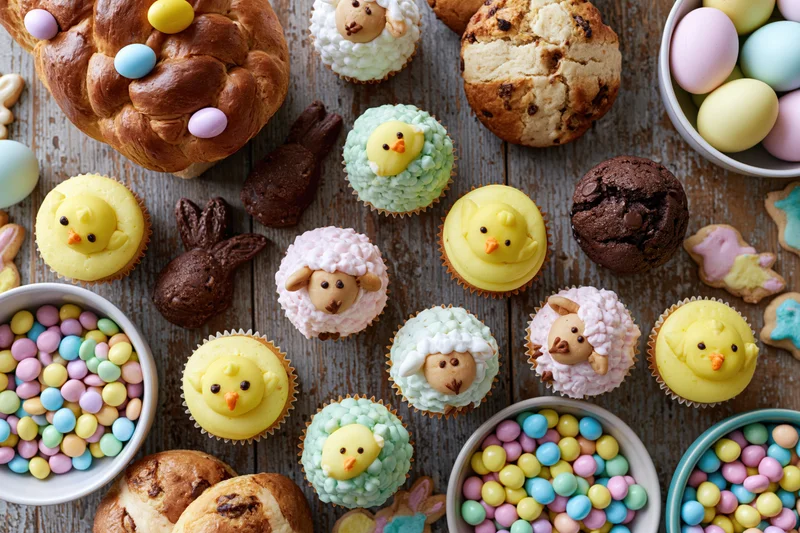Easter dessert table spread shot from directly overhead filled with cupcakes, chocolate bunnies, pastel eggs, and decorated bread on a wooden surface