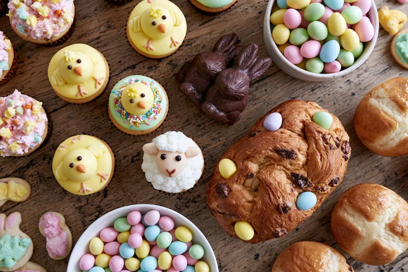 Easter dessert table spread shot from directly overhead filled with cupcakes, chocolate bunnies, pastel candies, and braided bread on wooden surface
