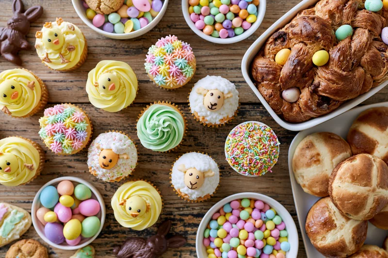 Easter dessert table spread shot from directly overhead filled with cupcakes, chocolate bunnies, hot cross buns, and candy eggs on wooden surface